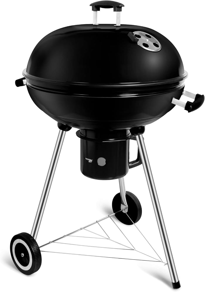 Barbecue à Charbon Rond dia. 57cm | BBQ Mobile Barbecue Grill Portable de Jardin, avec Couvercle et 2 Roues - 60 * 57 * 82cm