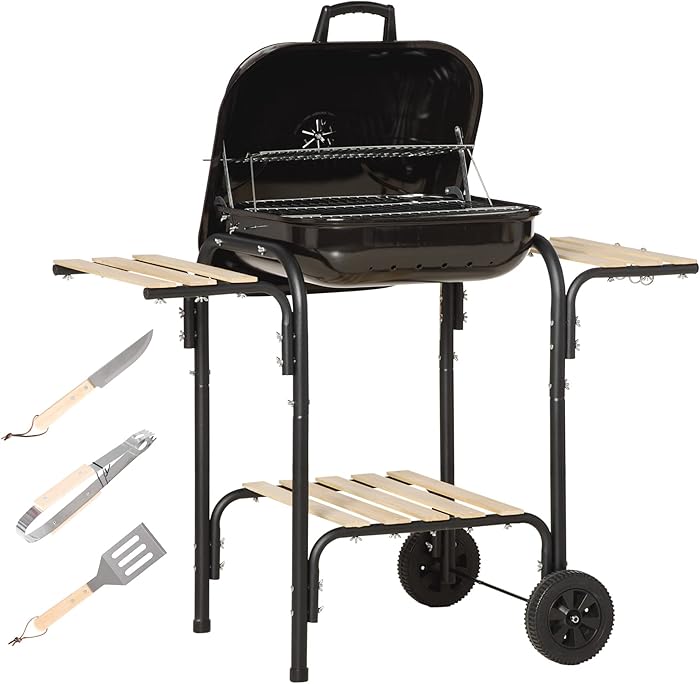 Outsunny Charcoal BBQ Barbecue with 2 Wheels, Utensils, Lid and Shelves