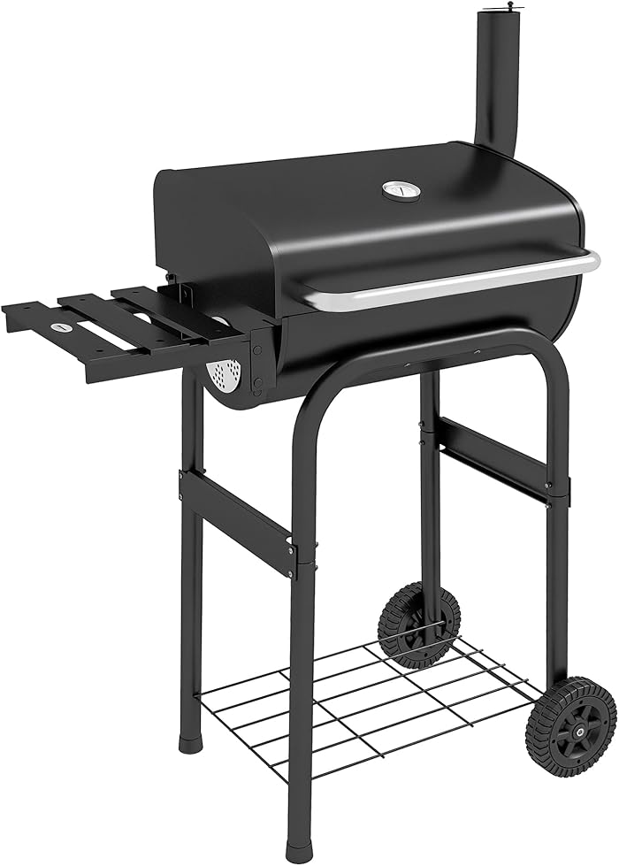 Outsunny Charcoal BBQ Trolley BBQ Grill with Shelves, Wheels, Lid, Thermometer, Fireplace, Black Metal