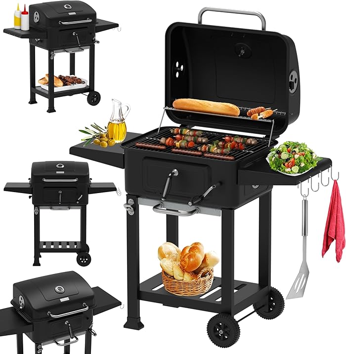 Barbecue Charbon Xxl Couvercle Cuisson Thermometre Rangement Tiroir Cendres