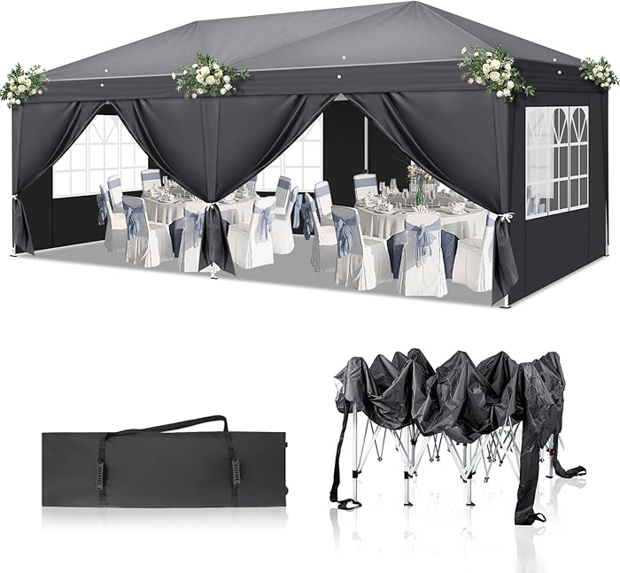 LEADZM 3x6 m Folding Garden Gazebo Pop-Up R&eacute;glable, 6 C&ocirc;t&eacute;s, UV 50+, Acier, Gris Fonc&eacute;
