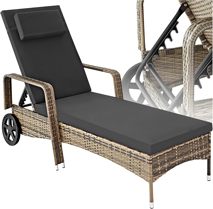 tectake Chaise Longue Bain de Soleil en Resine Tressee RÃ©sistant Inclinable avec Roulettes Transat Salon de jardin exterieur Mobilier de Jardin Chaise Longue Piscine Plage - Marron Naturel/Gris FoncÃ©