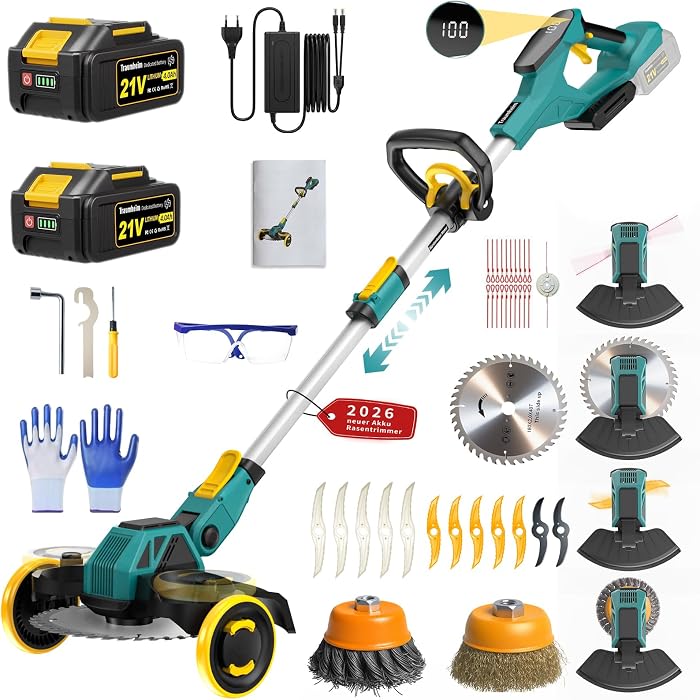 21V Cordless Grass Trimmer, Compatible with Makita Batteries, Brushcutter with Weed Brush, 2 x 4.0Ah Batteries Included, 900W Brushless Motor for Lawn, Garden, Yard (Blue)
