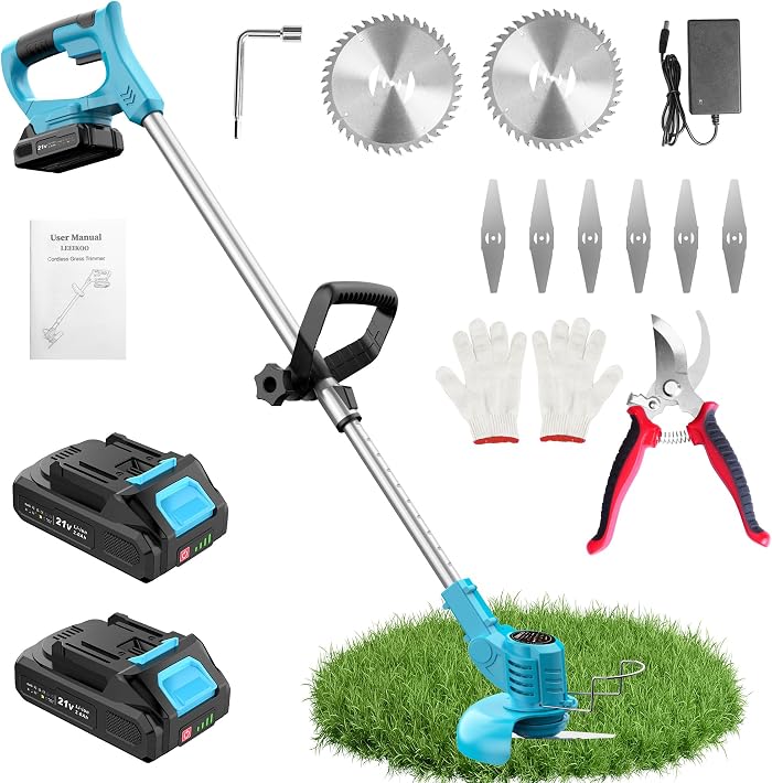 21V Cordless Electric Brushcutter, Cordless Edge Cutter with 2 x 2.0Ah Batteries, 2 Types of Metal Blades Brushcutter Battery, Garden Pruner, Adjustable Handle for Pruning (Blue)