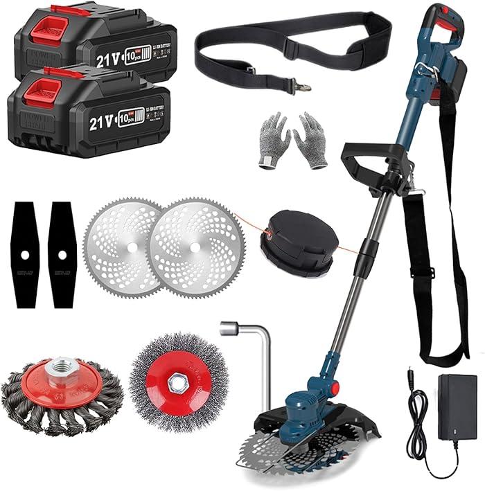 Cordless 21V Battery Trimmer, Electric Cordless Trimmer with 2 x 4.0 Ah Batteries for Garden Pruning (Blau)