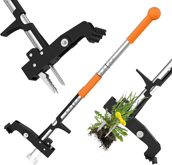 Manual Weeder, Standing Hand Weed Killer with 4 Claws, Dandelion Puller with Ergonomic Handle 39 Inches Long, Weed Removal Tool for Garden