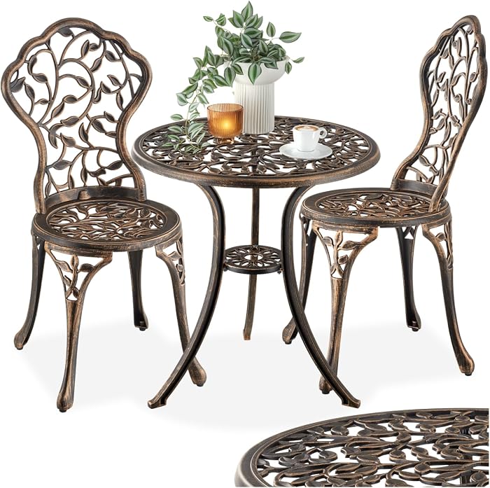 tectake® Ensemble de bistrot Table Ronde et Chaises Table de Bistrot Bar Salon de Jardin Exterieur 2 Personnes en Aluminium & Acier Inoxydable, Mobilier de Jardin Amenagement Balcon Terrasse Veranda