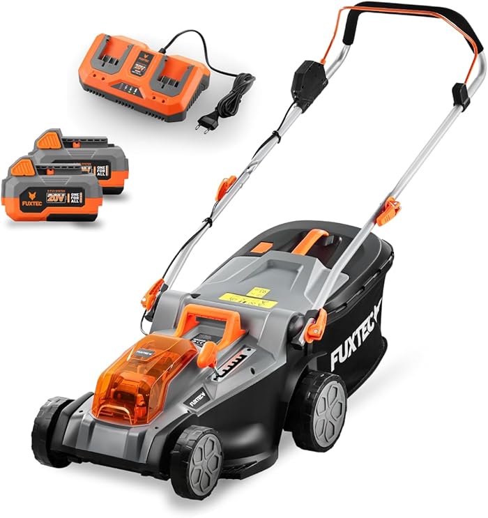 FUXTEC Cordless Lawnmower 40V (2x20V) E2RM43 Set Batteries and Charger – Cutting Width 43 cm, 40 L, Variable Cutting Height, Battery Lawnmower, Cordless
