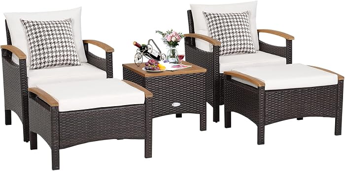 GIANTEX Salon de Jardin Extérieur 2-4 Personnes 5 Pcs en Résine, Fauteuils de Jardin avec Table Basse, 2 Tabourets/Repose-Pieds, Coussins, Pieds Antidérapants, Mobilier de Jardin pour Patio, Balcon