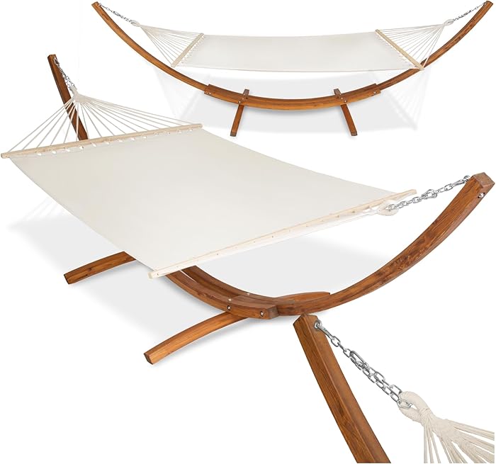 tectake XXL 2-Seater Hammock on Stand Cotton avec support bois 415 x 150 x 124 cm