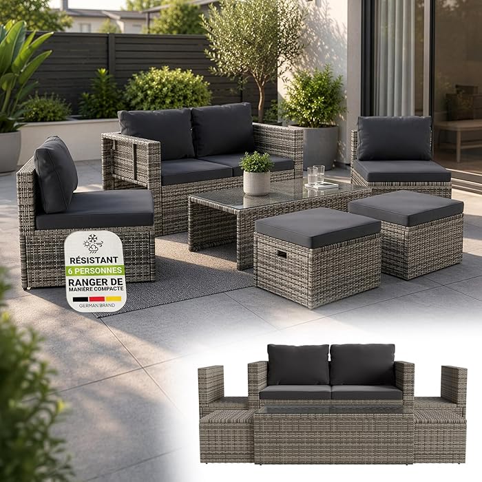 Juskys Salou Polyrattan Garden Lounge Set - Weatherproof Outdoor Lounge for 6 People - Lounge Area with Table & Cushions - for Garden, Balcony, Terrace - Grey