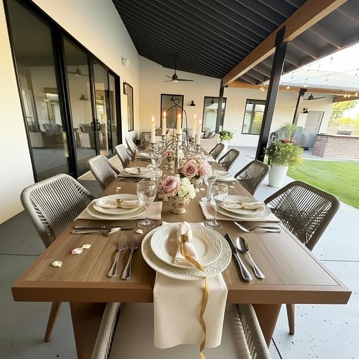PURPLE LEAF Outdoor Garden Furniture for 10 People in Aluminium Teak Look Garden Furniture Set Rectangular Table and Rattan Chairs with Cushions, Bios Country Style