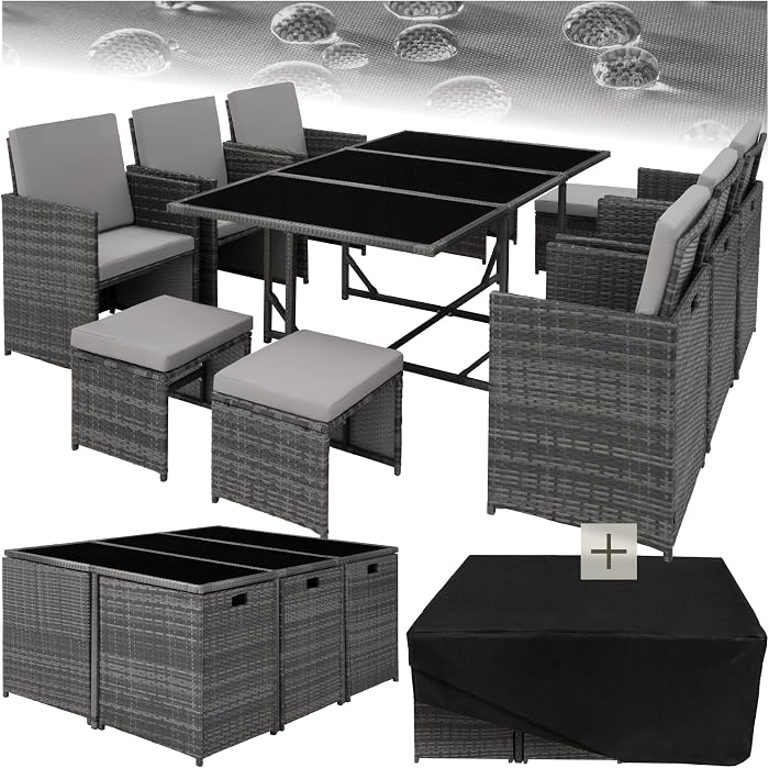 tectake Poly Rattan Outdoor Resin Woven Garden Furniture Table 10 Person 6 Rattan Chair 4 Recessed Pouffe Stool with Protective Cover, Easy Care