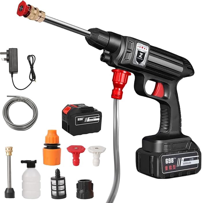 Nettoyeur Haute Pression sans Fil sur Batterie Portable 30 Bar, Pistolet Haute Pression sans Fil avec 1× Batterie et Chargeur, Tuyau 5M, Outil de Nettoyage de Voiture (1× Batterie)