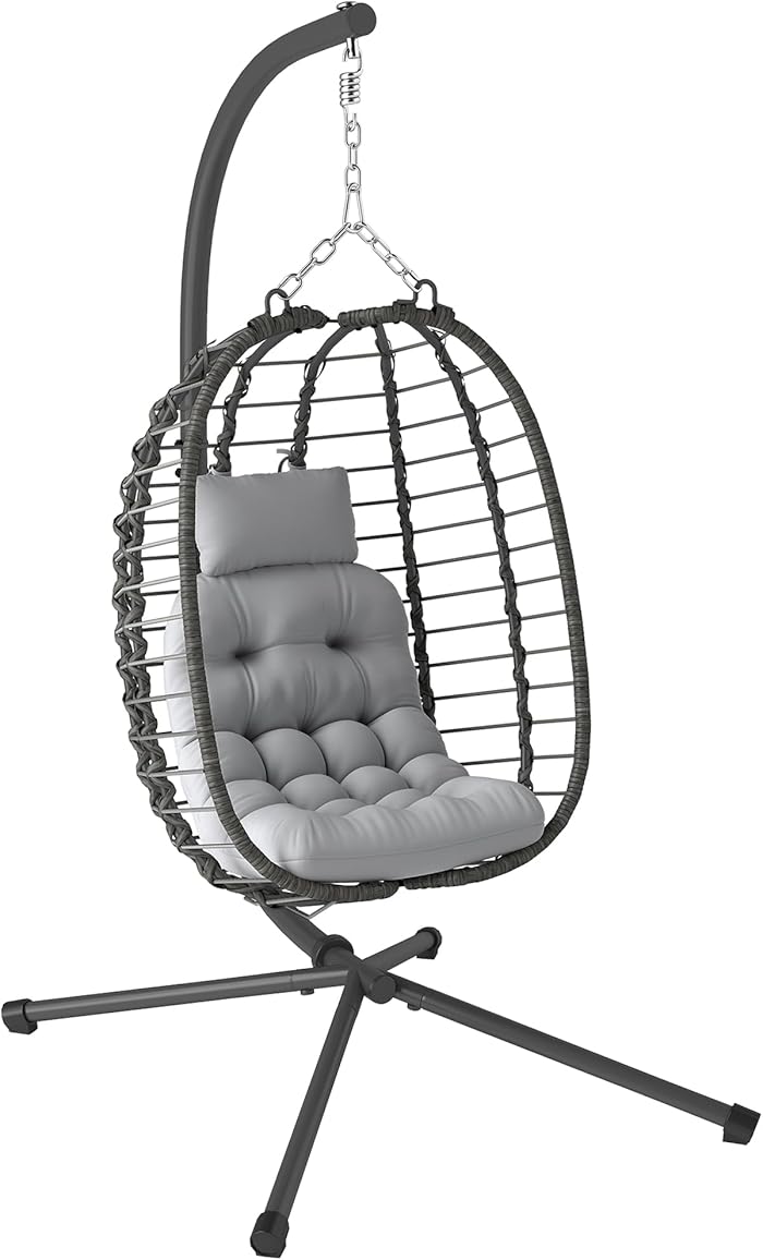 Outsunny Fauteuil Suspendu Pliable en rÃ©sine tressÃ©e avec Support, Fauteuil Oeuf Suspendu, Chaise hamac balanÃ§oire, Coussin et Oreiller, Hauteur rÃ©glable, Cadre en Acier, intÃ©rieur et extÃ©rieur