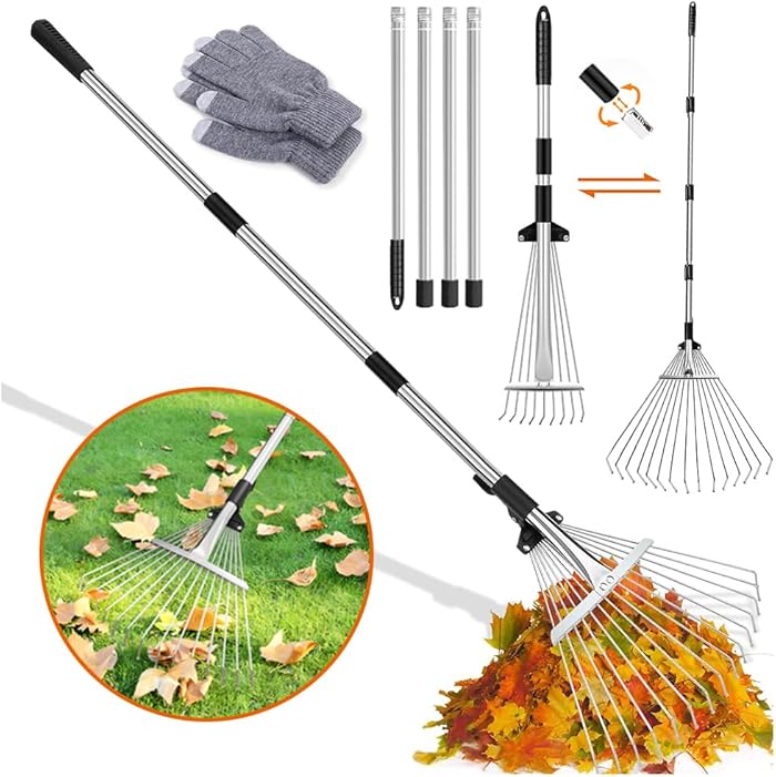 Râteau de jardin avec barre en métal réglable de 2,15 m et gants
