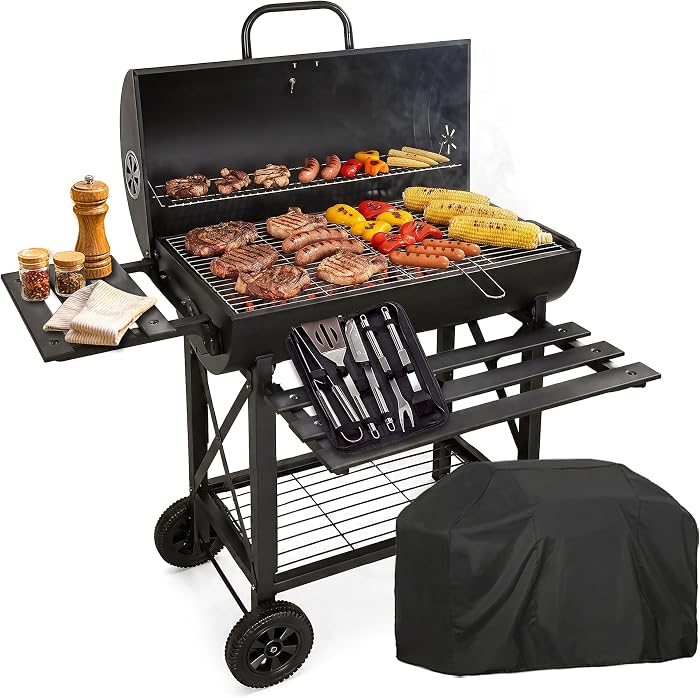 RMF Barbecue au Charbon de Bois avec Grille XL et Thermomètre Intégré - Kit d'Accessoires et Housse inclus, Chariot en Acier Résistant avec Roues, Étagères Latérales Pliables, Tiroir Ramasse-Cendres