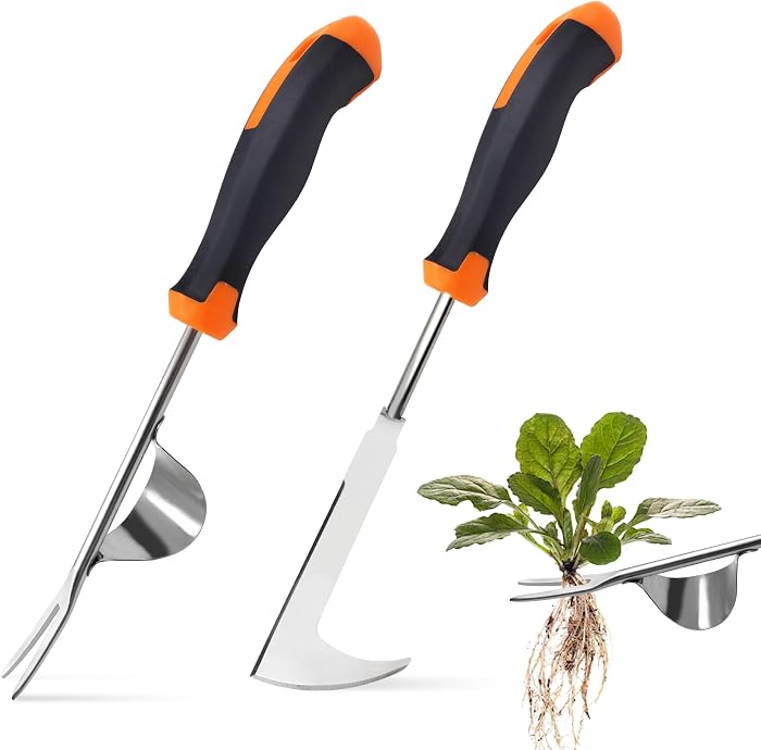 ROLLWAY 2 x Manual Stainless Steel Weed Puller, Dandelion Puller, Knife Weeder, Manual Weeder, Root Puller, Gardening Tools, Garden Scraper with Handle