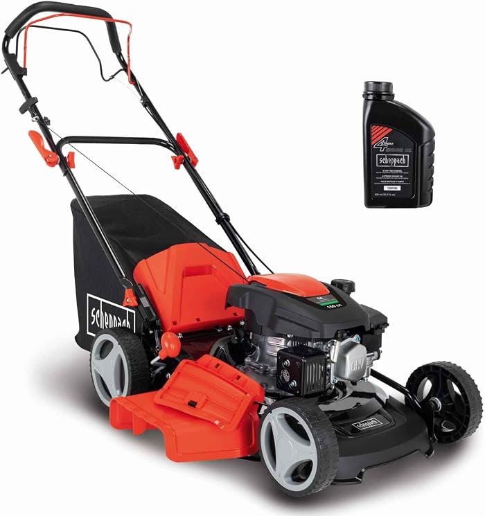 Scheppach MS161-46 Thermal Lawnmower | Self-Propelled | 4T Engine 150cm3 | Cutting Width 46 cm | 55 Litres | Side Ejection & Mulching Function (with Engine Oil)