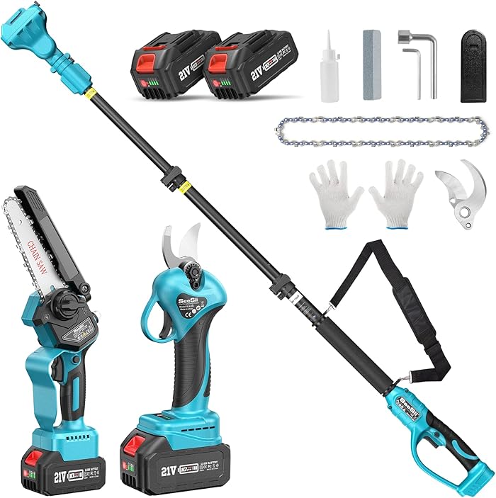 SEESII P6 Combo 6 Inch Mini Chainsaw with Pole & 33 mm Electric Sector, 4-in-1 Garden Tool Set