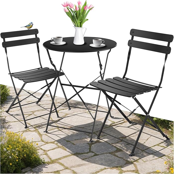 tectake Round Table and Folding Chairs Bistro Table Bar Outdoor Garden Lounge Set for 2 People