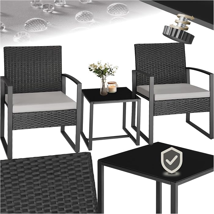 tectake® Ensemble Salon de Jardin Exterieur 2 Chaise Confortable avec Table de Jardin en Poly Rotin et Acier, Mobilier de Jardin pour Amenagement Balcon Terrasse - Noir