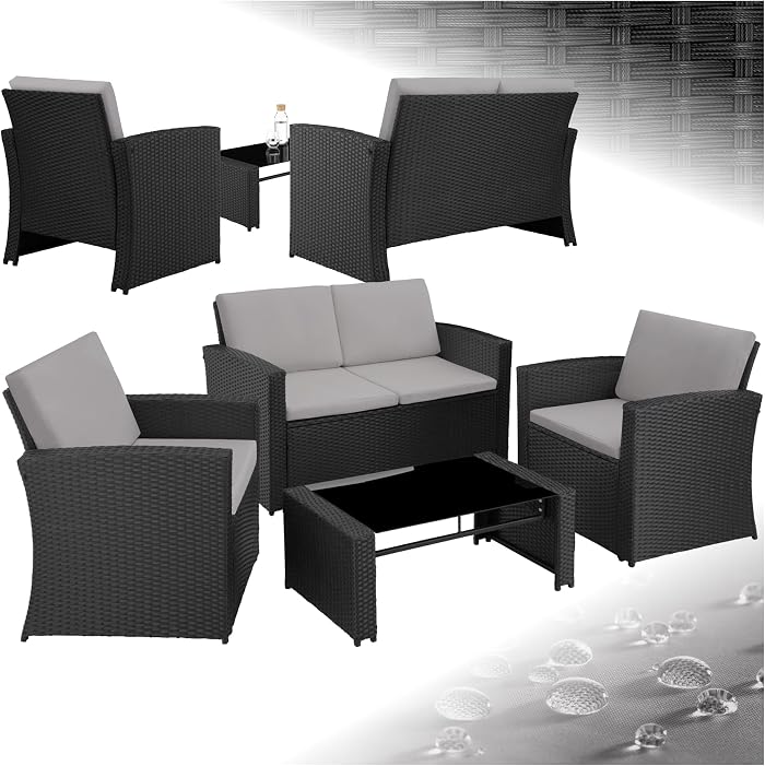 TecTake Rattan garden furniture set in chic design, 2 seater sofa, 2 armchairs and 1 table with removable glass top