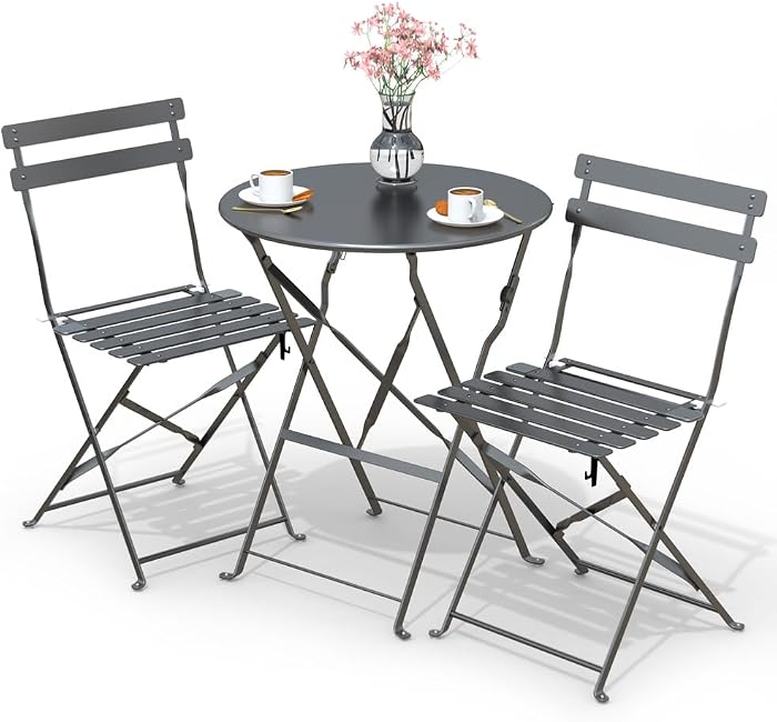 vounot® Set de Bistro Ensemble de Mobilier d'Extérieur de 3 pièces avec Table et 2 Chaises Pliantes en Acier pour Balcon Terrasse et Jardin Gris