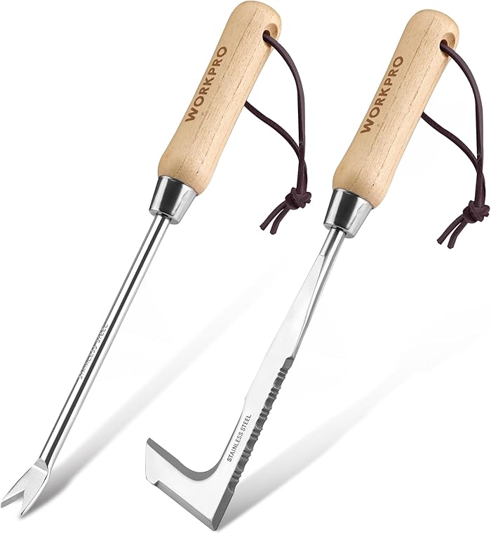 WORKPRO 2 Pièces Désherbeur Manuel Acier Inoxydable Poignée Bois