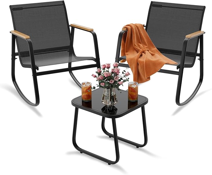 Xbro Salon de Jardin 3 Pièces avec 2 Fauteuils à Bascule et Table Basse, Salon de Jardin en Textilène Respirant avec Accoudoirs en Bois, Mobilier Extérieur pour Balcon, Terrasse, Patio, Noir